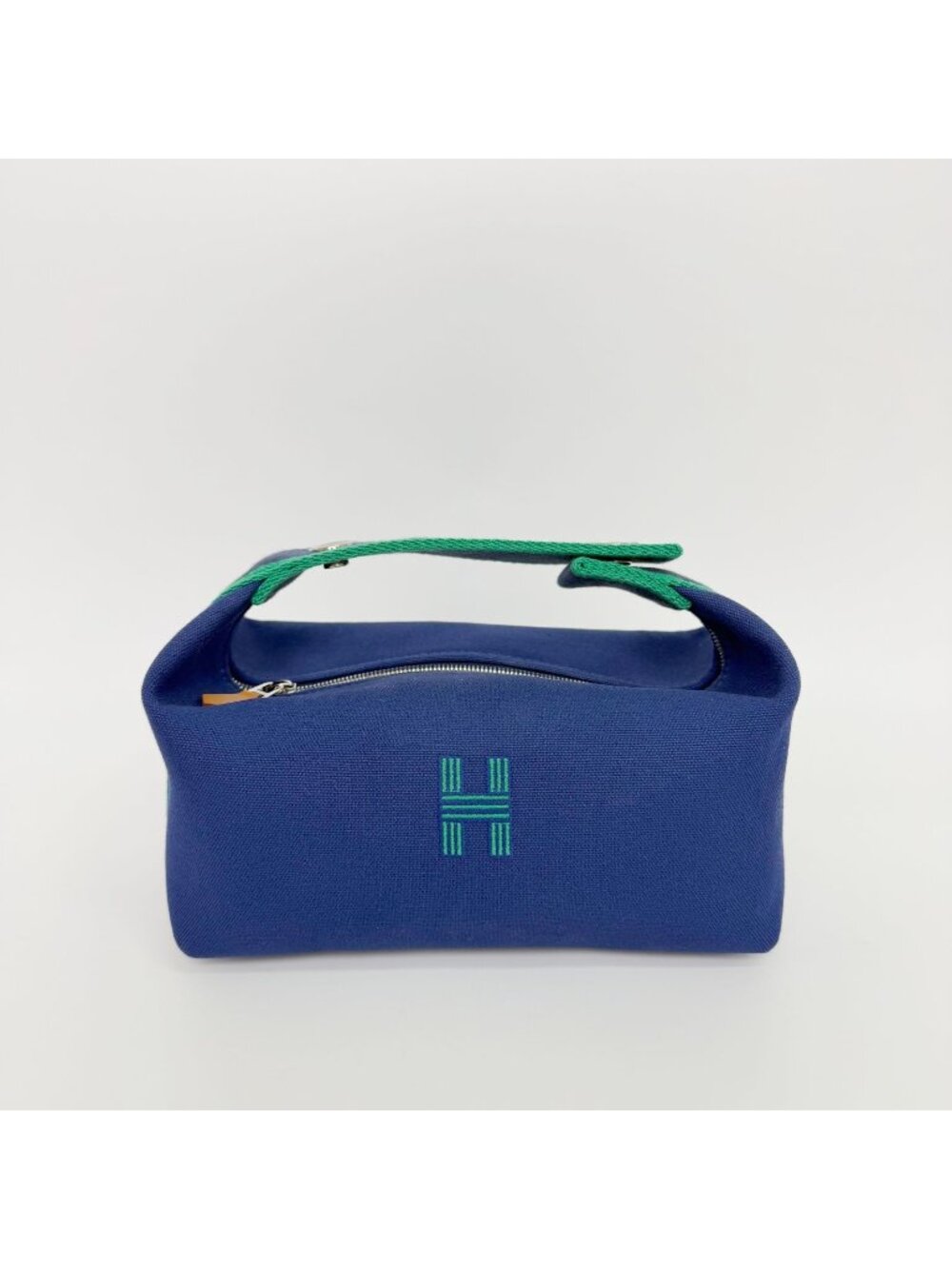 Hermes Bride-a-Brac PM Logo Handbag Canvas Blue Green Silver Vintage